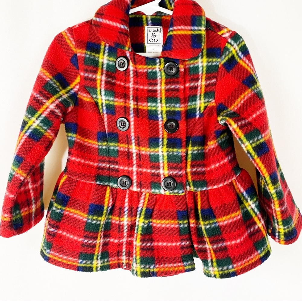 Mack & Co Girls Red Plaid Holiday Fleece Pea Coat